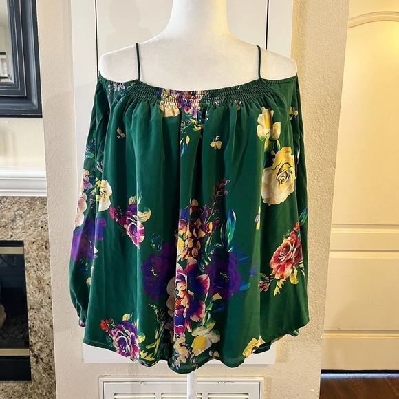 Maeve Tallie Open Shoulder Silk Blouse Size Medium Green Floral Anthropologie - Picture 6 of 10